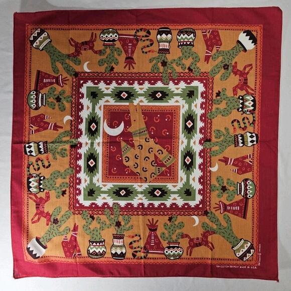 Springs Other - Springs Bandana Southwestern Wolf Teepee Cactus RN16463 21x21 Vtg Made In USA